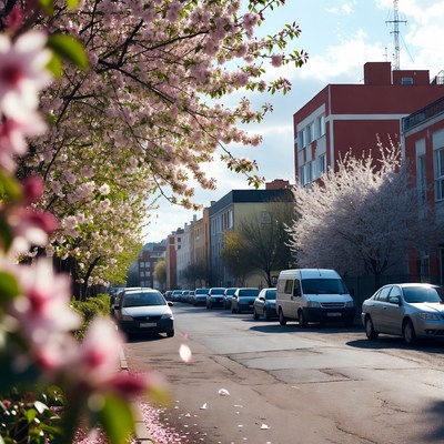 Cherry Blossom Lined Street with Cars