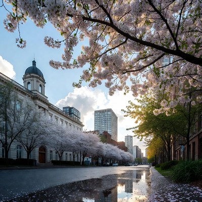 Cherry Blossom Lined Wet Street