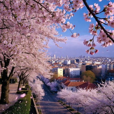 Cherry Blossom Lined Street Cityscape