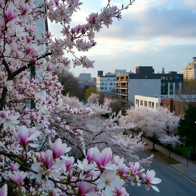 Pink Magnolia Blossoms Over City Street