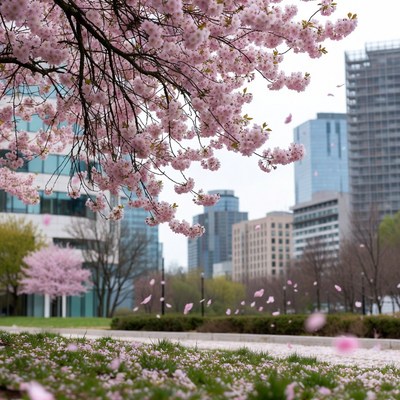 Cherry Blossoms over Urban Skyline