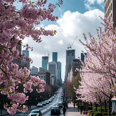 Cherry Blossoms Framing Urban Street