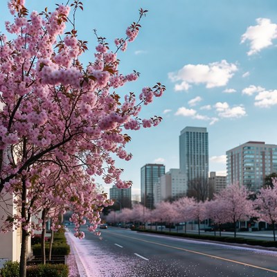 Cherry Blossom Trees Lining City Street