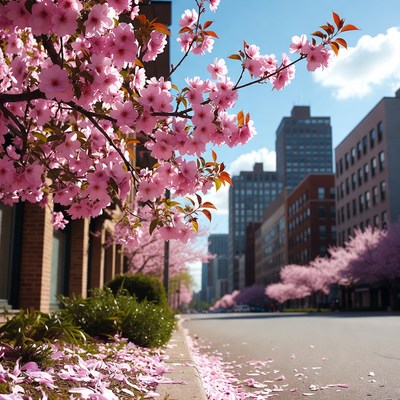 Pink Cherry Blossoms Along Urban Street
