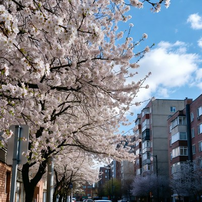 Cherry Blossom Trees by Urban Buildings