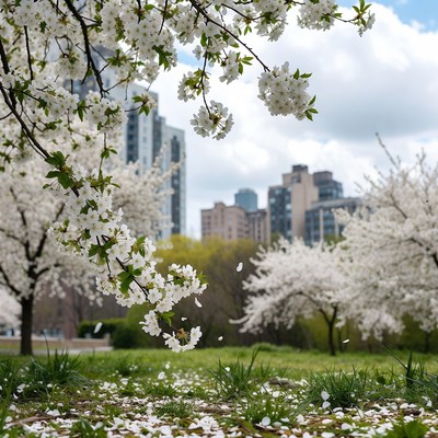 Cherry Blossoms Over City Skyline