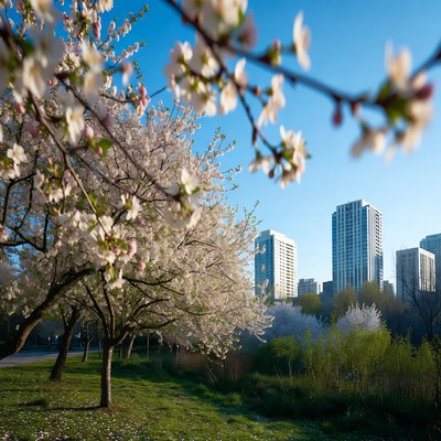 Cherry Blossoms and City Skyline