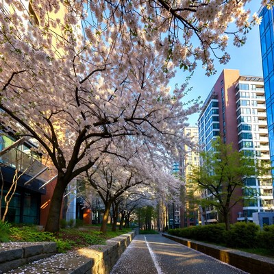 Cherry Blossom Trees Lining Urban Pathway