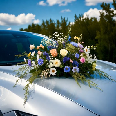 Colorful floral bouquet on silver car