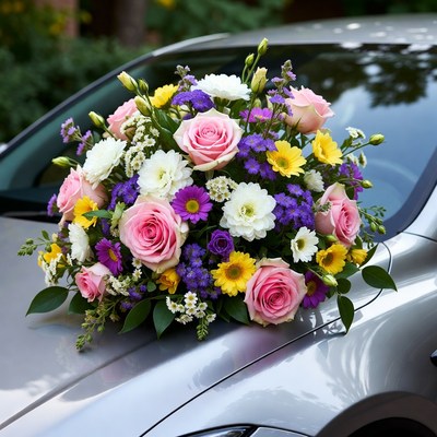 Colorful Wedding Bouquet on Silver Car