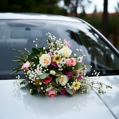 Wedding bouquet on car hood