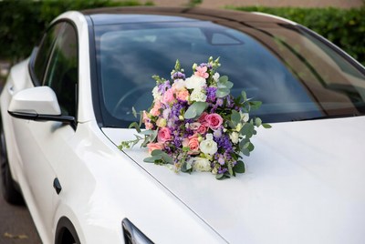 Wedding Bouquet on White Tesla