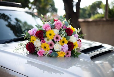Colorful Bouquet on Car Hood