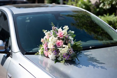 Wedding Bouquet on Silver Car Hood