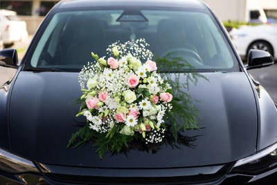 Wedding Flower Bouquet on Black Car Hood