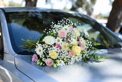 Wedding Bouquet on Silver Car