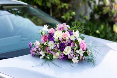 Wedding Flower Bouquet on White Car