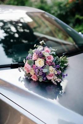 Wedding Bouquet on Silver Car Hood
