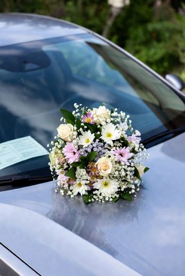 Wedding Bouquet on Car Hood