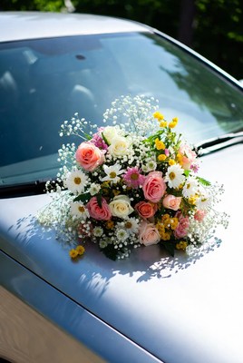 Wedding bouquet on car hood