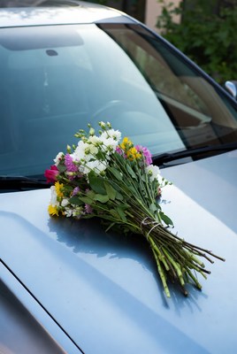 Colorful Bouquet on Silver Car Hood