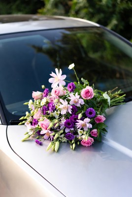 Purple Flower Bouquet on Car Hood