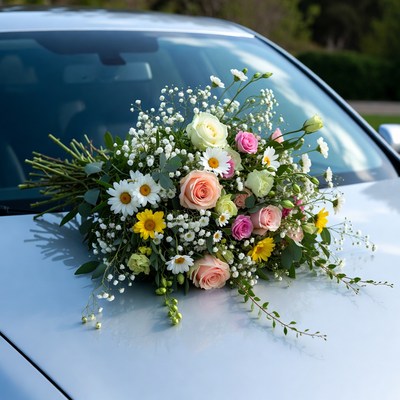Wedding bouquet on car hood