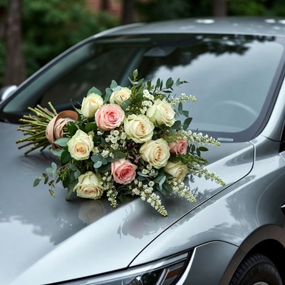 Wedding bouquet on silver car hood