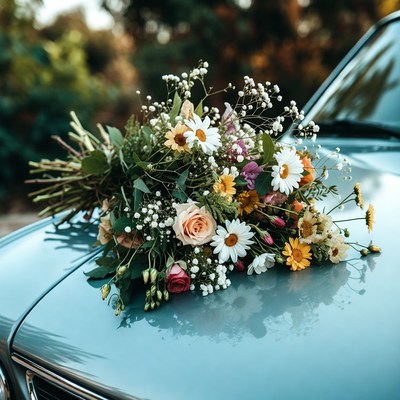 Colorful Flower Bouquet on Blue Car Hood