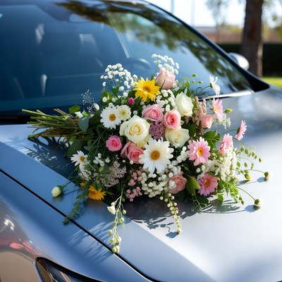 Colorful bouquet on car hood