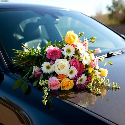 Colorful bouquet on black car hood