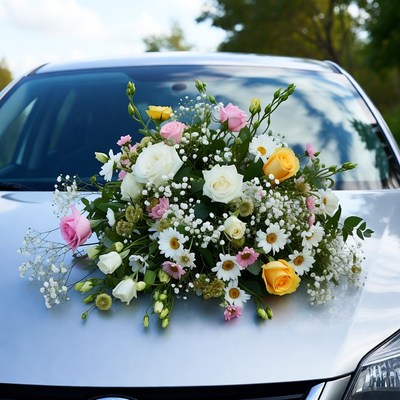 Colorful Wedding Bouquet on Car Hood