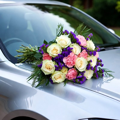 Colorful Bouquet on Silver Car Hood