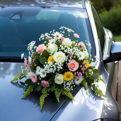 Colorful Wedding Bouquet on Car Hood