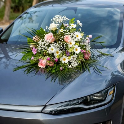 Flower Bouquet on Gray Tesla Hood