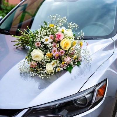 Colorful bouquet on car hood