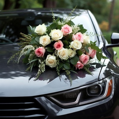 Wedding Bouquet on Black Car Hood