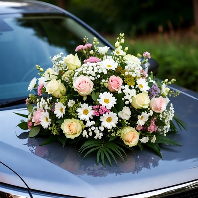 Wedding Flower Bouquet on Car Hood