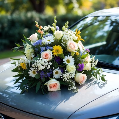 Colorful floral bouquet on car hood