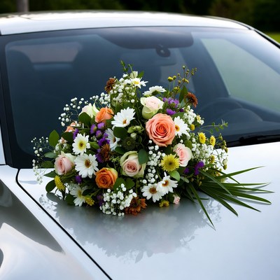 Colorful bouquet on white car hood