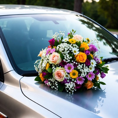 Colorful Wedding Bouquet on Silver Car