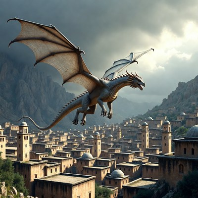Dragon Flying Over Ancient Village