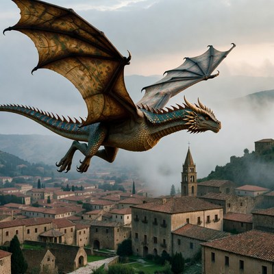 Dragon flying over village