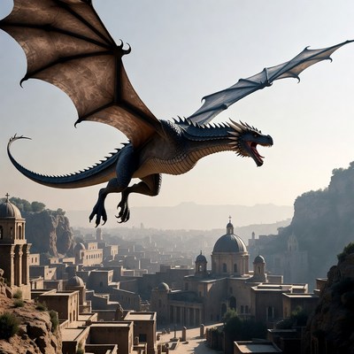 Dragon flying over ancient city