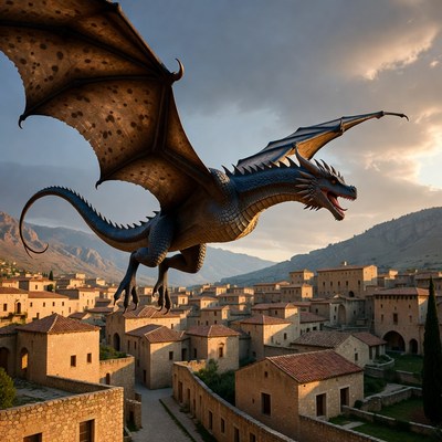 Dragon Flying Over Village