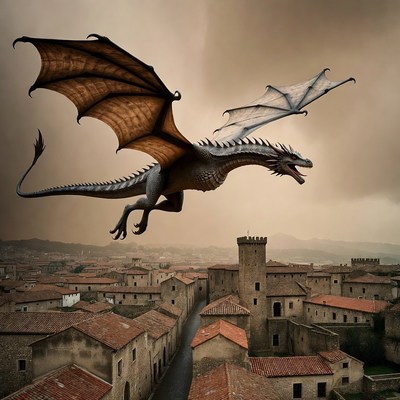 Dragon Flying Over Medieval Village