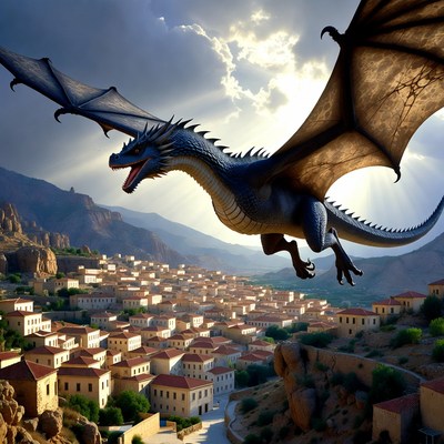 Blue Dragon Flying Over Village