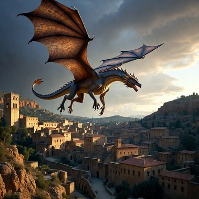 Dragon Flying Over Medieval Village
