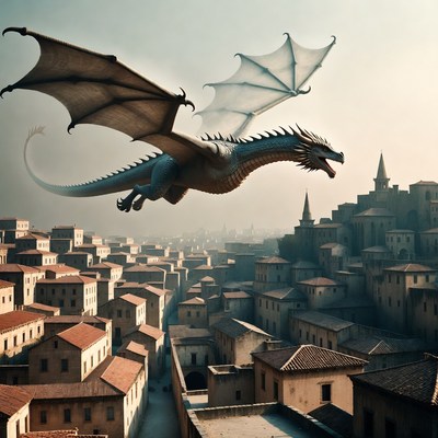 Dragon Flying Over Medieval City