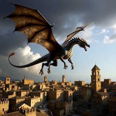Dragon Flying Over Medieval Village